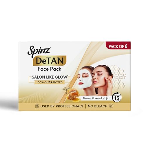 Image of Spinz DeTan Face Pack with Besan, Honey & Kojic Acid | Tan Removal cream for Brightening & Glow | Salon-like Glow in 15 mins | 72g, Pack of 6 (12g x 6)