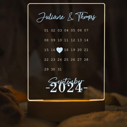 GRAVURZEILE Beleuchtetes Acrylglas - Kalender mit Jahrestag - Personalisierte mit Namen & Datum - Pärchengeschenk zum Jubiläum - Geschenk zur Hochzeit Valentinstag für Sie & Ihn - Farbe: Blau