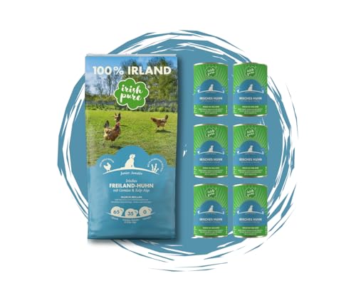 Irish Pure Junior Huhn – Hundefutter - 12kg + 6x390g - Trockenfutter & Nassfutter für Welpen – getreidefrei – mit Freiland-Huhn, Gemüse & Kelp-Alge – ohne Zusätze & künstliche Stoffe - Sparpaket