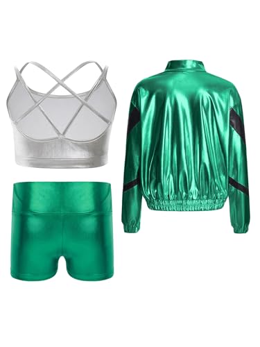Girls Dance Team Uniform Shiny Shorts Crisscross Camisole Long Sleeve Jacket For Performances2