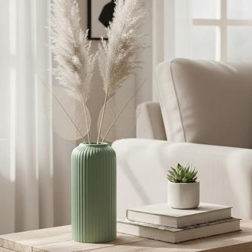 Image of KREATIVE ART'S Modern Ribbed Design Ceramic Flower Vase for Living Room, Flower Pots for Artificial Flower, Home Decoration Item, Home Decor, Vases for Living Room (Light Green, Small)