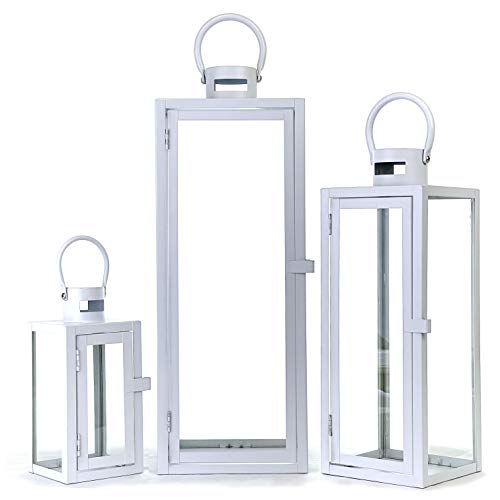 Image of Allgala 3-PC Lantern Set 23 Inch Jumbo Deluxe Modern Indoor /Outdoor Candle Lantern Set White Painted Ironl Frame Tempered Glass Rectangular for Garden Poolside Fireplace Wedding