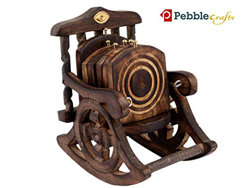 Image of Wooden Antique Beautiful Design Tea Coffee Coaster Set with Chair Coaster Decorative Holder for Tea Coffee Cups Mugs Beer Cans Bar Glass Indian Handicrafts (Antique Black)