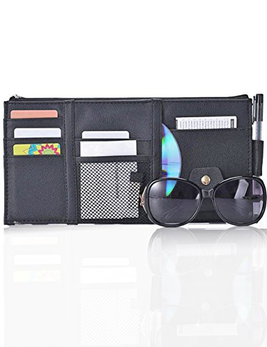 Multifunctional Leather Car Sun Visor Organizer with Zipper Sunglasses Clip Pen CD Card