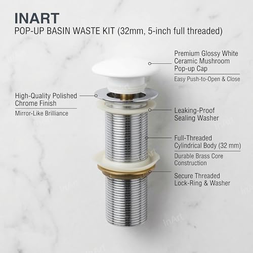Image of InArt Pop-up Brass Basin Drainer /Waste Coupling /Waste Kit for Bathroom Wash Basin /Vessel Sink 5 Inch Brass Full Threaded Pop Up Waste Coupling 32 MM (White Ceramic)
