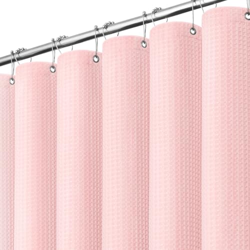 Dynamene Pink Fabric Shower Curtain - Waffle Weave Textured Heavy Duty Cloth Shower Curtains for Bathroom 256GSM Hotel Luxury Weighted Bath Curtain Set with 12 Hooks 72x72 Pink