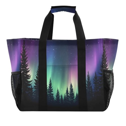 Large Waterproof Travel Tote Bag for Women Men, Aurora Borealis Forest Galaxy Canvas Beach Bag with Lining & Pockets - Reusable Grocery/Laundry/Kitchen/Pool/Picnic Tote (15.4x9.8x12.8in)