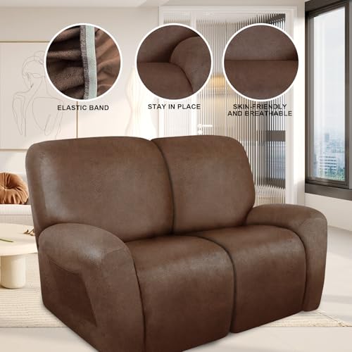 Image of ANARACHON Loveseat Recliner Cover Leather Look Recliner Loveseat Covers Recliner Sofa Cover for 2 Seater Reclining Couch Spandex Fabric Washable 6 Pieces (2 Seater, 01 Brown)