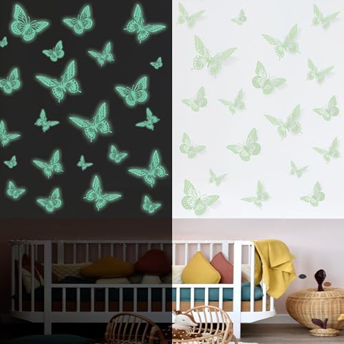 Image of SAOROPEB Glow in The Dark 3D Butterfly 24 Pcs 3 Sizes, Luminous Butterfly Stickers for Ceiling or Wall, Glow in The Dark Party Supplies, Removable Luminous Stickers for Kids Babys Nursery (Green) | 3 Sizes, Luminous Butterfly Stickers for Ceiling Wall, Glow in The Dark Party Supplies, Stickers for Kids Babys Nursery