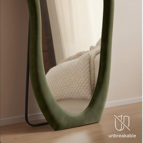 Image of The Artment Fluid Reflection Unbreakable Full-Length Asymmetrical Shape Mirror with Plush Green Velvet Frame, Floor-Standing or wall-Leaning Design for Bedroom, Dressing Area & Home (170 X 70 CM)