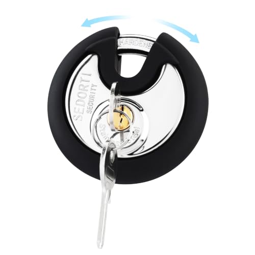 Image of SEDORTI 12-Pack Covered Keyed Alike Stainless Steel Disc Padlocks | For Storage Unit Gate Outdoor Locker Shed Fence, Round Lock with Rubber Bumper, Weather-resistant Storage Lock with Brass Key