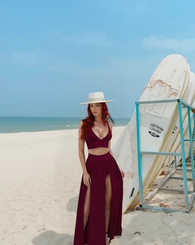 Image of Women Sexy 2 Piece Outfits Dress Chiffon Strap Deep V Neck Bra Crop Top High Split Maxi Dresses Skirt Set