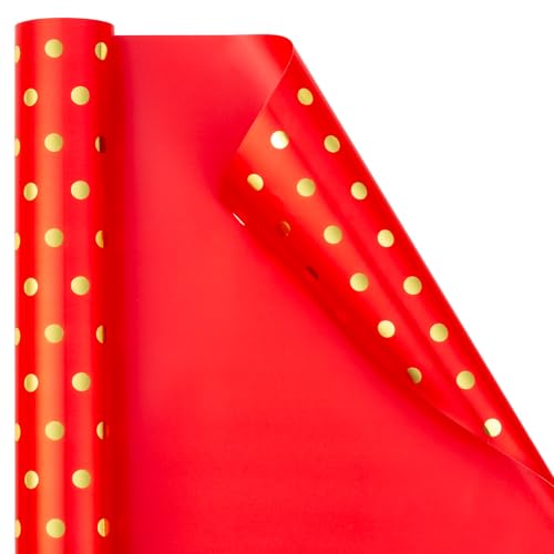 Flyhill Gold Foil Polka Dot Wrapping Paper Roll Mini Roll Red Reversibl Gift Wrap for Birthday Girls Baby Shower Wedding (17 Inch X 32.8 Feet)