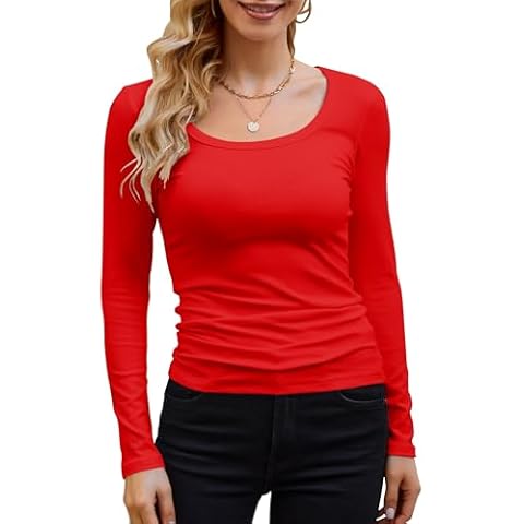GEMBERA Womens Long Sleeve Scoop Neck Ribbed Knit Tops Casual Slim Fitted Basic Shirts(3924,Red-L) Cover