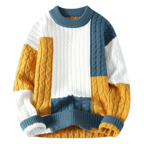 Block Sweater for Man Chunky Twist Long Sleeve Pullover Crew Neck Casual Winter Warm Knitwear