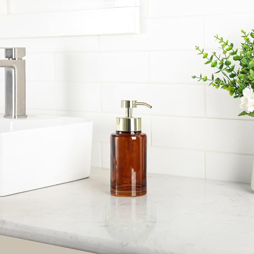 Image of H Halston Amber Glass Foaming Soap Pump Dispenser, Foaming Soap or Liquid handoap compatable, Durable, Refillable, Bathroom & Kitchen Countertop, Bathroom, Home Decor (Amber Glass with Gold Pump top)