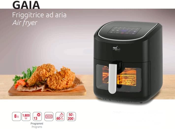 Melchioni Family | Friggitrice ad Aria GAIA, Capacità 8L / 2,5kg, Display Touch Screen, Timer 1/60 minuti, 13 Programmi Preimpostati, 50-200°C, Contenitore Antiaderente, 1800 W, Colore Nero Melchioni Family | Friggitrice ad Aria GAIA, Capacità 8L / 2,5kg, Display Touch Screen, Timer 1/60 minuti, 13 Programmi Preimpostati, 50-200°C, Contenitore Antiaderente, 1800 W, Colore Nero