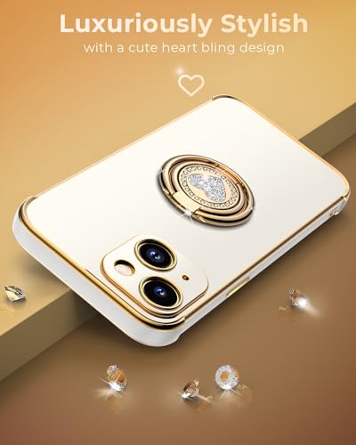 Image of XYZ for iPhone 14 Back Cover Case with Stand, Phone Case with Double Ring Kickstand, for Girls Women, Luxury Cute Bling Protective Phone Cover Case for iPhone 14, White | Double Ring Holder, Cute Love-Heart, Phone Chain Wristlet, Wrist Strap, Women Girls Bling Luxury Protective Case, White