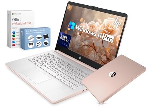 Image of HP 14” Ultra Light Thin Laptop Computer 2026 Premium, MS Office, Copilot AI, 4-Core Intel CPU, 4GB DDR5 RAM, 628GB Storage (128GB UFS+500GB Ext), Long Battery, MarxsolAccessory, Win 11 Pro, Rose Gold