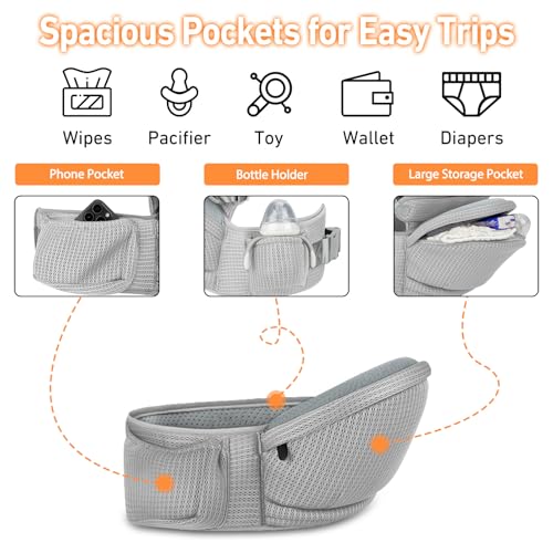 IULONEE Multifuncional Portabebé Asiento De Cadera Portabebés Ergonómico Portador De Bebé Hipseat Portador De Bebe Ergonomico Taburete De Cintura Portabebes Asiento De Cadera Para Bebé (Gris) - imagen 6