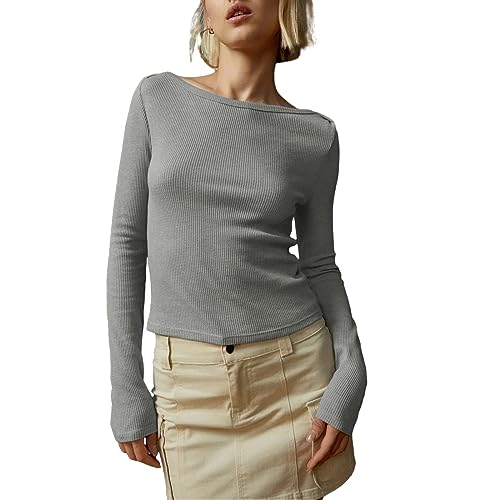 M9ppzzur7 Women 's Rib Knit Slim Fitting Top Cropped T-Shirt Solid Color Front Button Long Sleeve Round Neck Bodycon Sweater Tee Clothes (I# Gray, M)