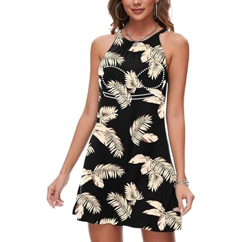 ANYFITTING Halter Dress for Women Sun Dress Built in Bra Casual Cocktail Flowy Floral Mini Short Dresses for Beach Vacation Cover