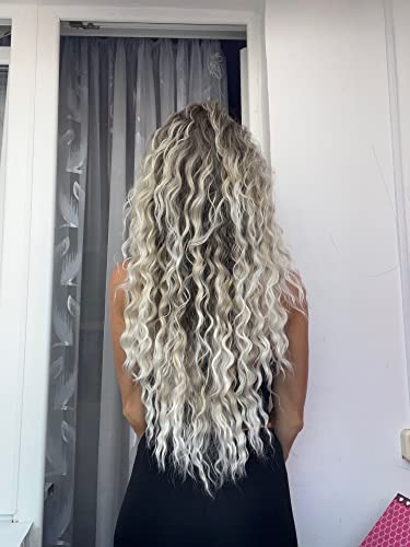 Image of GNIMEGIL Long Ash Blonde Curly Wig for Women - Voluminous Mixed Blonde Water Wave Synthetic Hairpiece - 26 Inch Deep Wavy Glueless Wig for Daily Wear, Party Cosplay
