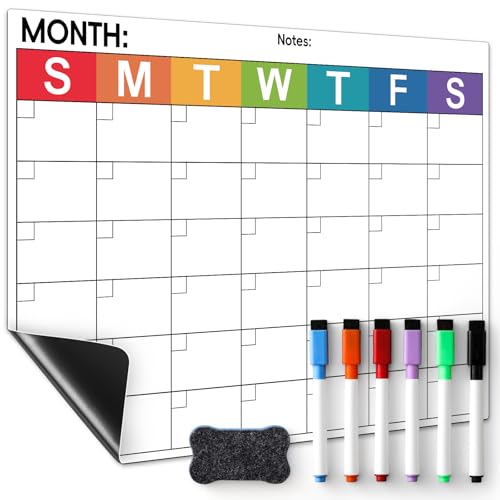 Dry Erase Magnetic Calendar for Refrigerator - Monthly Planner Magnet Whiteboard for Fridge Wall Door - Shopping, Meal/Menu, to Do List, Family Schedule Planning Board with 6 Markers - Colorful