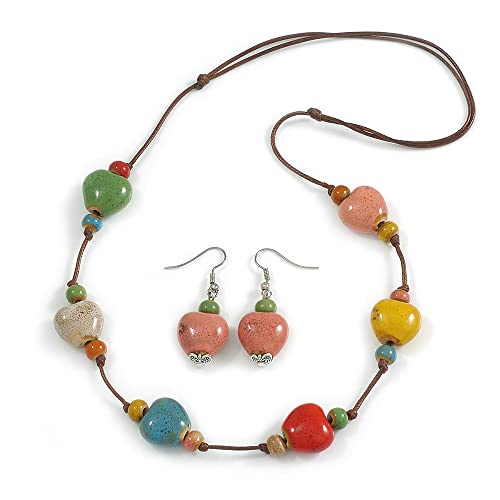 Juego de collar de corazón de cerámica multicolor y pendientes de gota de 48 cm