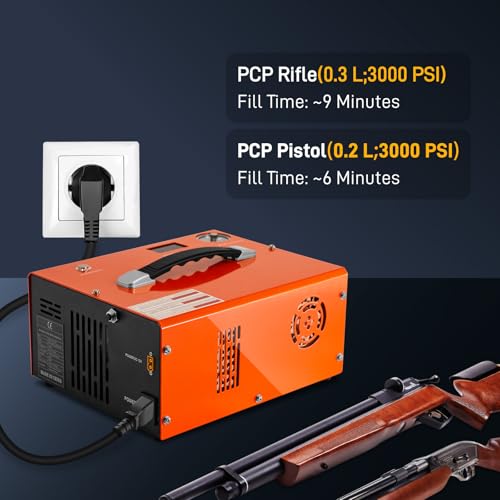 GOYOJO PCP Air Compressor | Max 4500 PSI | Dual Power Car 12V DC or Home 110V AC | Fast Fill for Air Rifle, Paintball, Scuba Tanks | Auto Shut-Off | Built-in Cooling Fan | 300W Oil-Free PCP Pump
