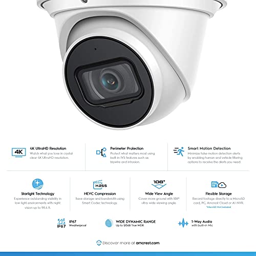 Amcrest 4K Poe Camera Ai Human/Vehicle Detection, Ultrahd 8Mp Outdoor Security Turret Poe Ip Camera, 3840X2160, Wide Angle, Ip67 Weatherproof, Microsd, Built In Mic, White (Ip8M-T2669Ew-Ai) #TOP1