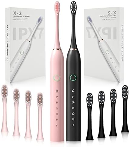 2 Pack Rechargeable Electric Toothbrushes for Adults and Kids, Sonic Whitening Tooth Brush with 8 Brush Heads, 6 Cleaning Modes and Smart Timer, Waterproof Cleaning Toothbrushes Set(pink black)