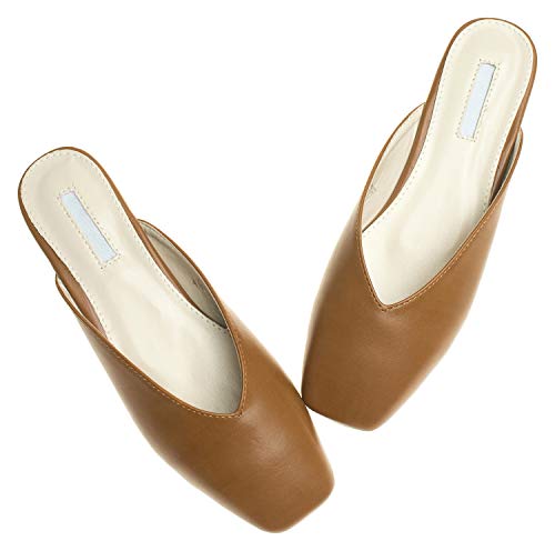 Annakastle Womens Vegan Leather V-Cut Flats Mule Slide Backless Shoes Lightbrown 7 #TOP1
