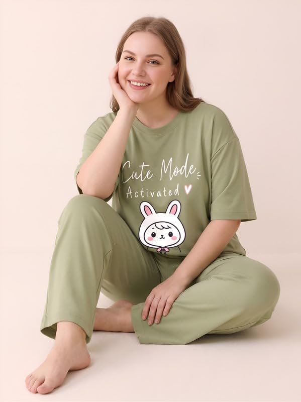 Image of My Swag Womens Nightsuit Set | Cute Bunny Graphic Print T-Shirt & Pajama | Soft Breathable Sleepwear and Loungewear Co-Ord Set for Women