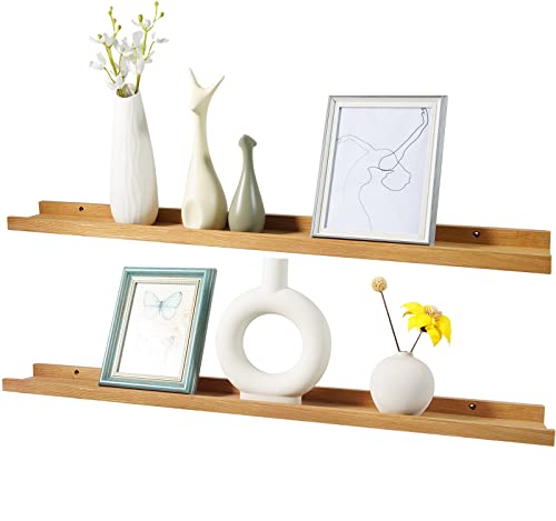 Long Floating Shelf 36 Inch Natural Wood Shelves Set of 2, Rustic Display Books Picture Ledge Shelf for Wall Mounted, Natural Solid Oak Wood Shelf, Easy to Install, Natural Color, 36 *4 *1.5