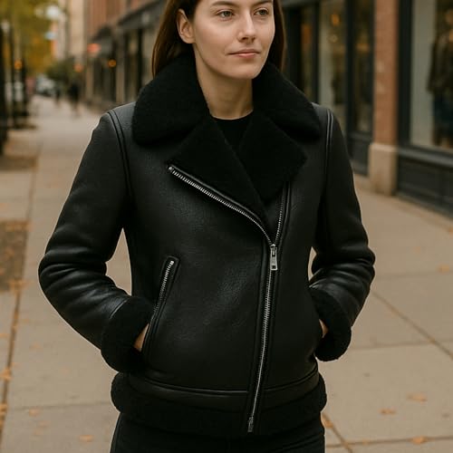 Women’s Black Shearling Leather Bomber Jacket – Real Lambskin with Full Faux Fur Collar & Lining Warm Winter Coat3