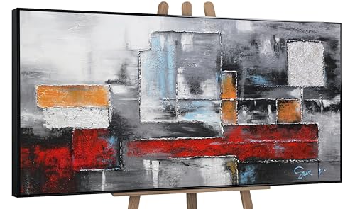 YS Peinture abstraite sur toile L'abstraction Tableau peinte à la main tons rouge-gris Surface intérieure moderne avec cadre 120x60 cm