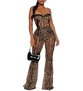 REASERAL Womens Leopard 2 Piece Outfits Lace Sleeveless Tube Top Wide Leg Pants Sexy Club Party S...