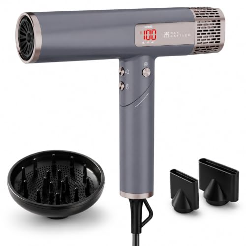 RAY BATTLER Sèche-cheveux avec diffuseur, sèche-cheveux ionique 1800 W avec moteur BLDC, sèche-cheveux pliable haute vitesse, 110 000 tr/min, écran LED, 4 niveaux de température, 3 niveaux d'air, air