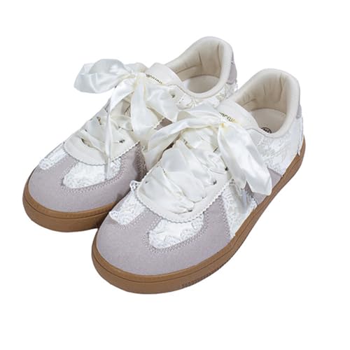 Ballet Sneakers for Woman Leather Trendy Lace Up Round Toe Ballerina Flats with Lace Detail Fancy Elegant Retro Ballet Shoes 2025 Spring Summer Daily Casual Streetwear
