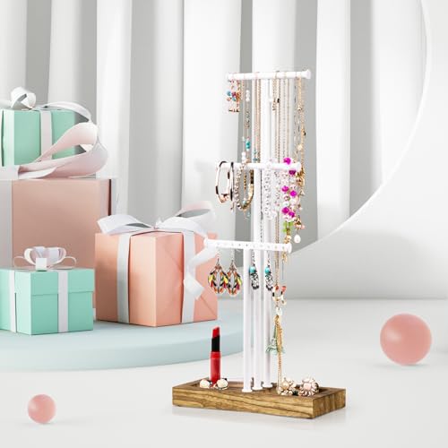 Love-KANKEI Jewelry Tree Stand White Metal and Wood Base Large Storage Jewelry Organizer for Necklaces Bracelets Earrings Holder Jewelry Display White and Carbonized Black