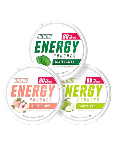 GRINDS Energy Pouches - Natural Caffeine Pouches - Contains B-Vitamins, Sugar-Free, & 0 Calories - 80mg of Caffeine in Each Pouch - Wintergreen, Peach, & Sour Apple - 3 Pack, 18 Pouches Per Can