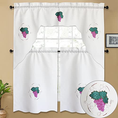 Ecm. 3Pc Rod Pocket Embroidered Kitchen Curtain Set With Swag Valance Bathroom Window Curtains 36 Inch Length Grapes Kitchen Curtains #TOP3