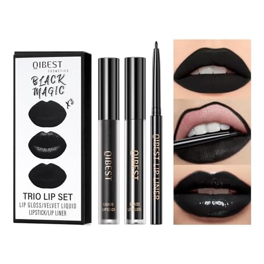 QiBest Conjunto De Batom Preto 3 Em 1 Para Maquiagem Halloween E Gótica, Líquido Matte + Gloss Labial, Delineador Gel, Kit Com Lápis, Gótica À Prova D'Água Longa Duração Por 24 Horas (Black Magic)