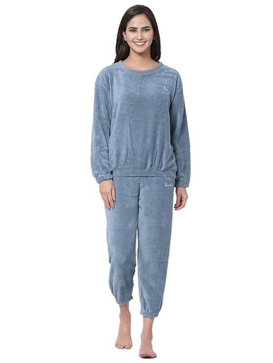 cigain Women Winter Nightsuit Ladies Fur Nightwear Warm Night Suit for Girls Night Dress Pyjama Set Women's Full Sleeve Top and Pajama Pants Regular Fit Round Neck Pyjama Set (L, Blue)-picture-22
