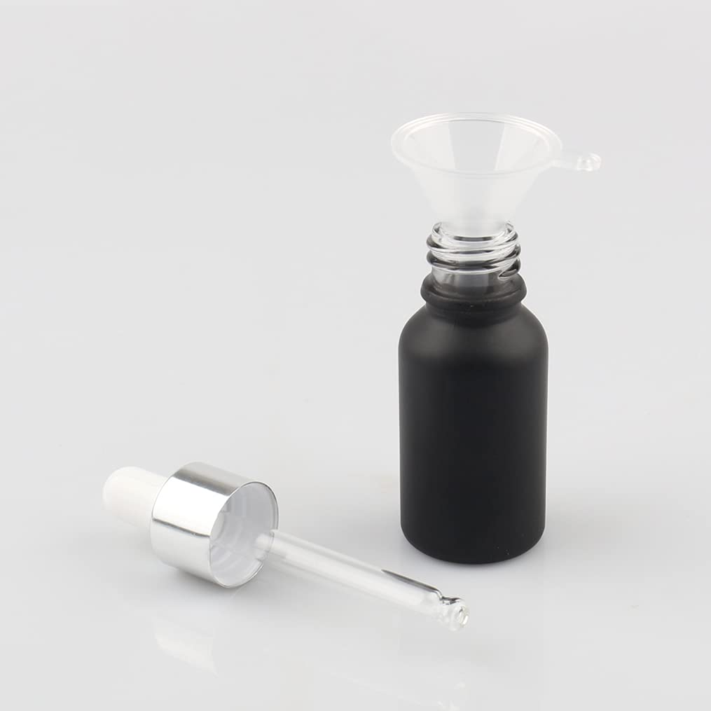 24 Pezzi Nero Opaco Bottiglie Contagocce Vetro 15 ml con Pipette Contagocce Vetro, anello a vite Argento, per Laboratorio,Olio Essenziale, Aromaterapia +4 imbuti