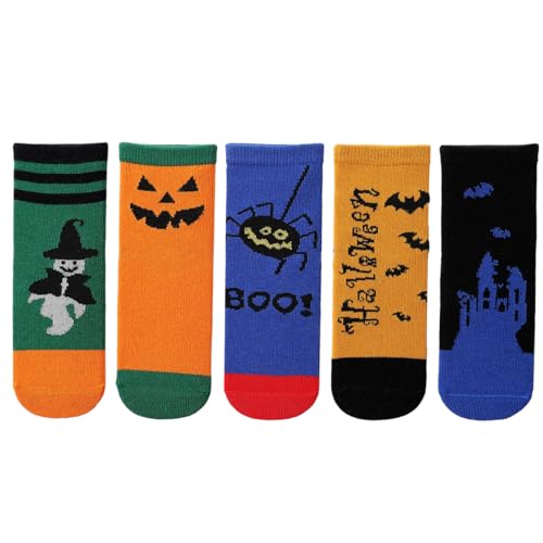 PAPPNTI 5 Pairs Halloween Socks Kids Novelty Holiday Socks Boys Funny Crew Socks Girls with Cartoon Patterns Multicolor2 M(3-5 years)