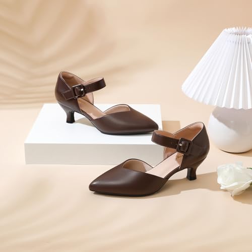 Image of RIBONGZ Comfortable Kitten Heels for Women Pointed Closed Toe Ankle Strap Buckle Heels Slip on Low Heel Church Pumps Wedding Bridal Party Dressy Shoes