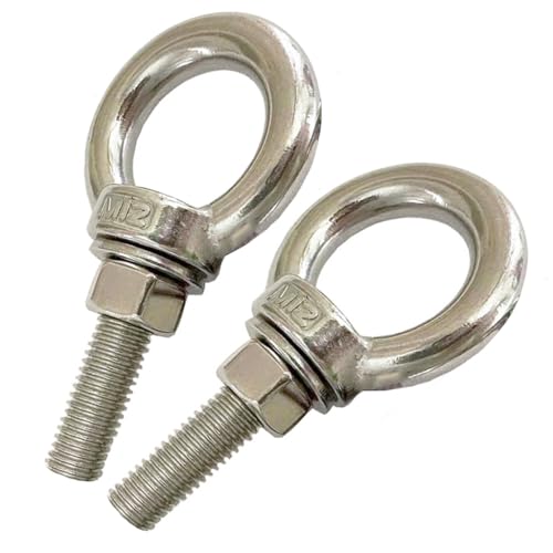 Image of 304 Stainless Steel Shoulder Eye Bolts, 2 PCS M12 Heavy Duty Eye Bolt Lifting Ring 1.6 inch Threaded Eyebolt with Nuts and Flat Washers(Thread Length 40mm) Muti-Function for Indoor Outdoor