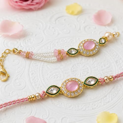 Image of Rakhi for Brother and Bhabhi Set of 2, Designer Rakhis for Rakshabandhan, Bhaiya Bhabhi Rakhi Set for Rang Panchami, Best Wishes Greeting Card and Tillak Set, Premium Thread Raki for Him